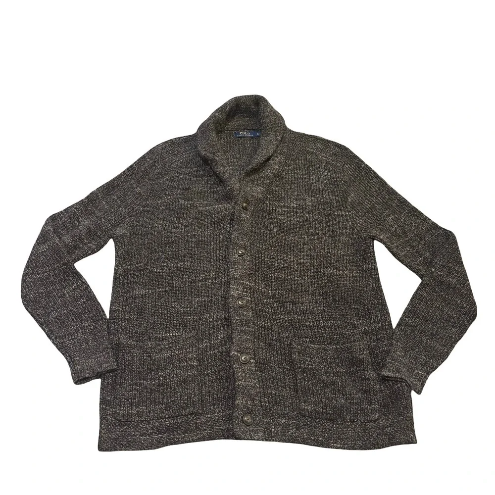 Polo Ralph Lauren Mens XL Charcoal Gray Marled Cotton Shawl Collar Cardigan